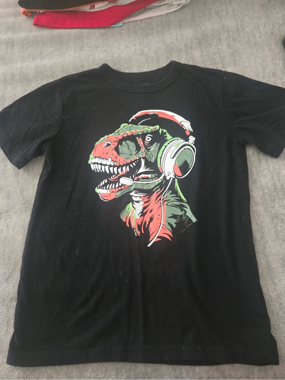 The Children's Place Black T-Shirt with Red & Green Headphone Dinosaur
